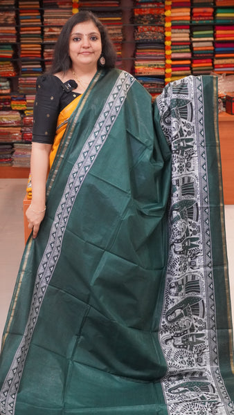 Semi Linen Lavender Saree With Madhubani Print Green