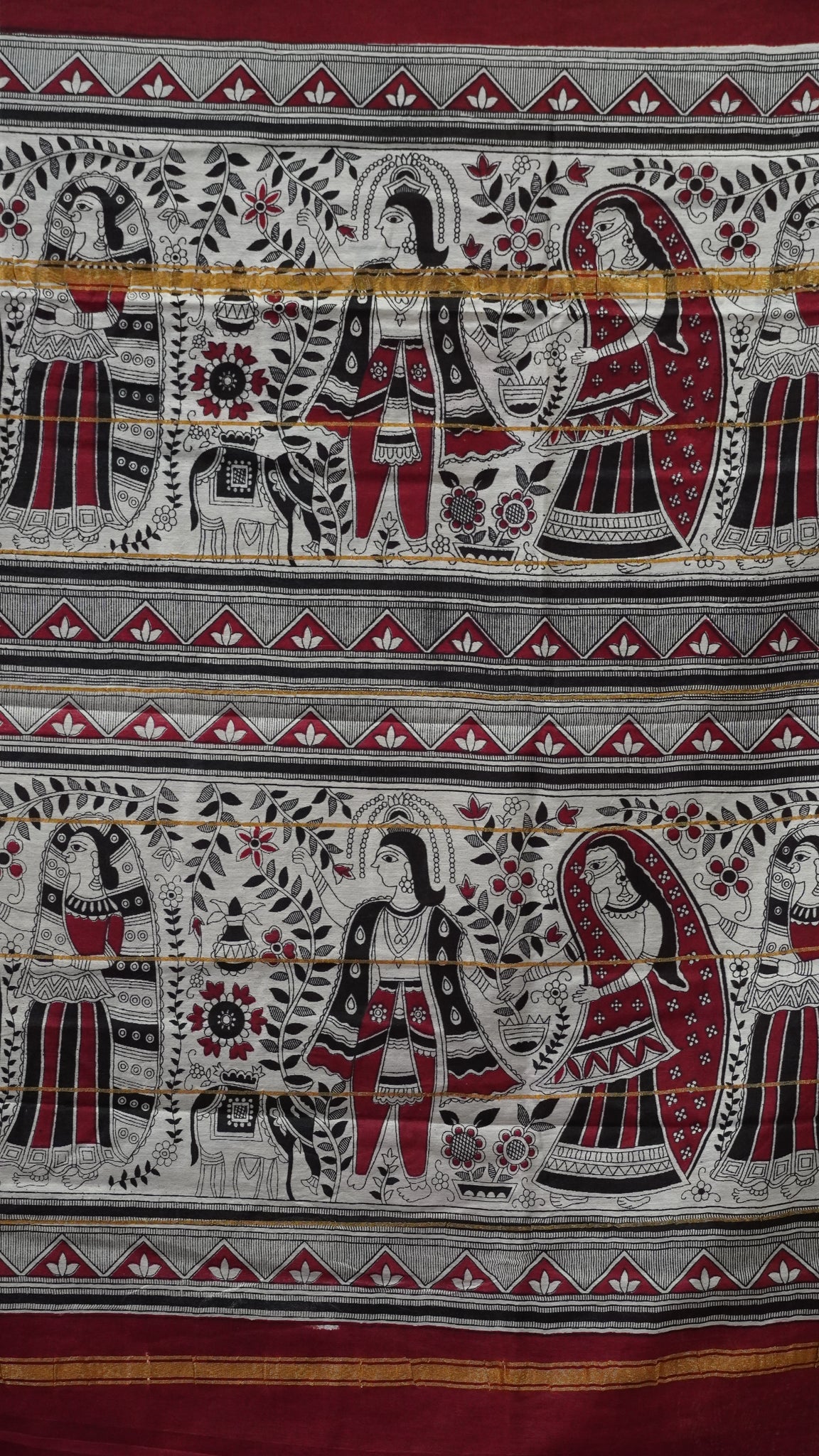 Semi Linen Lavender Saree With Madhubani Print Maroon