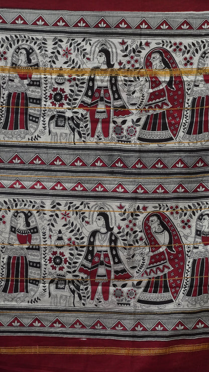 Semi Linen Lavender Saree With Madhubani Print Maroon