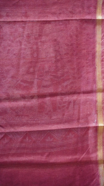 Semi Linen Lavender Saree With Madhubani Print Maroon