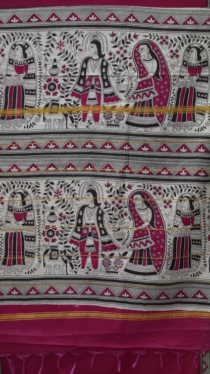 Semi Linen Lavender Saree With Madhubani Print Pink