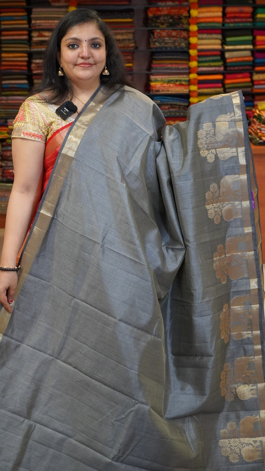 Semi Tussar Saree Elephant Print Grey