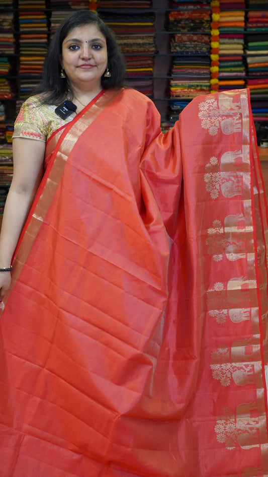Semi Tussar Saree Elephant Print Red
