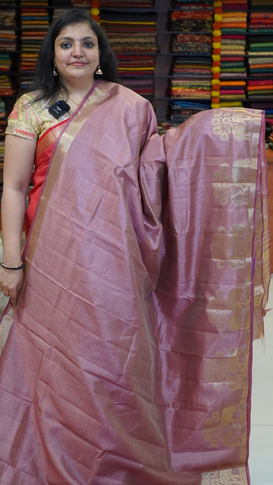 Semi Tussar Saree Elephant Onion Pink