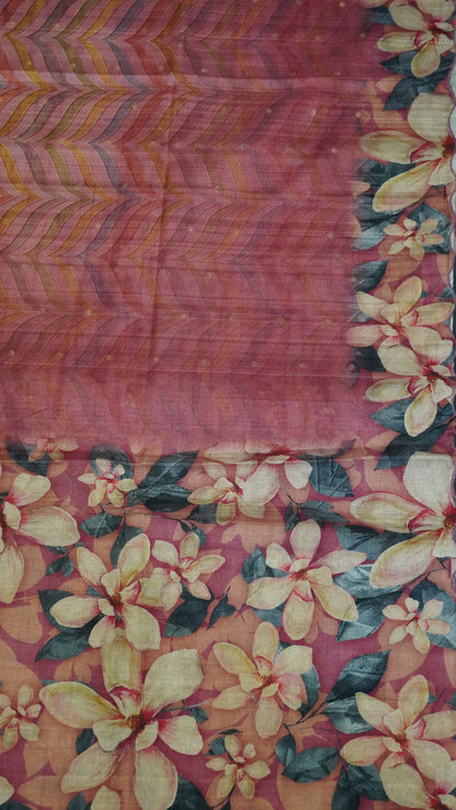 Semi Tussar Saree - Zigzag Floral Pink