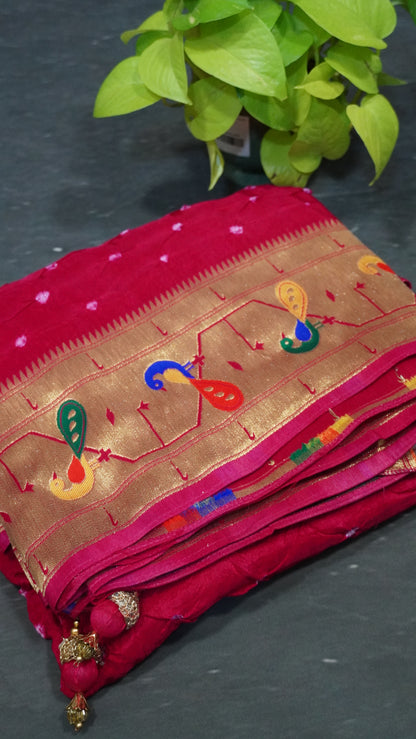 Modal Silk Saree - Zari Peacock Border Rani Pink