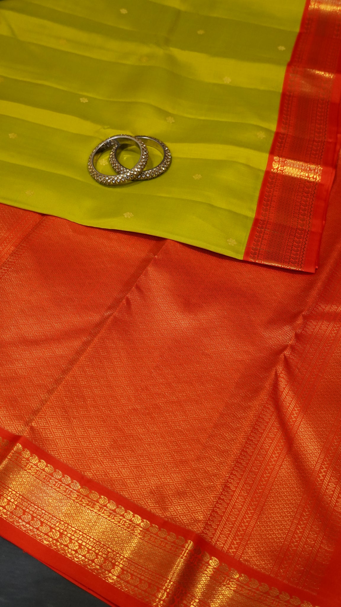 Pure Silk Saree - Lime Yellow - Orange