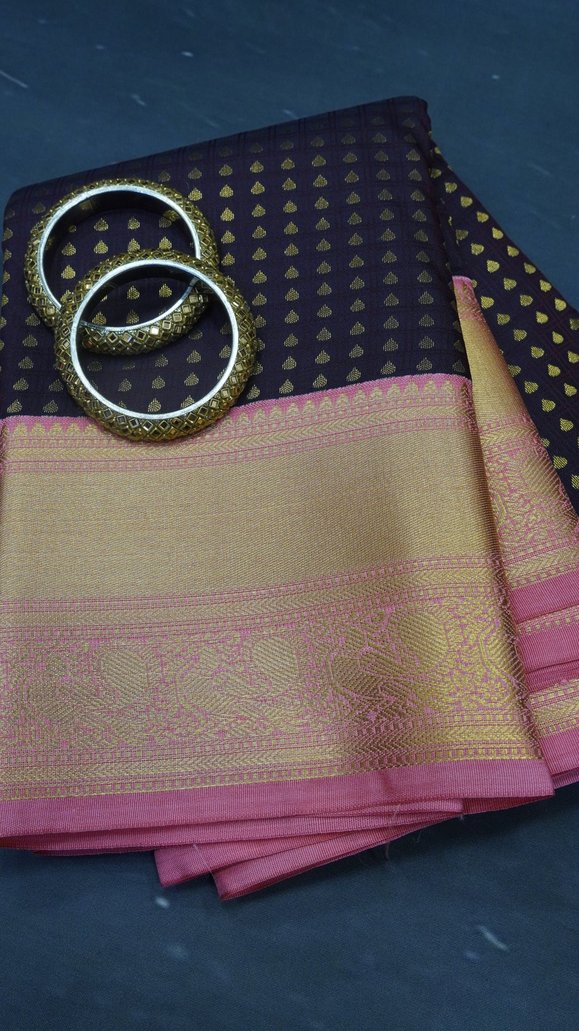 Semi Kanchipuram Silk Saree - Brown Pink 1000 Butta