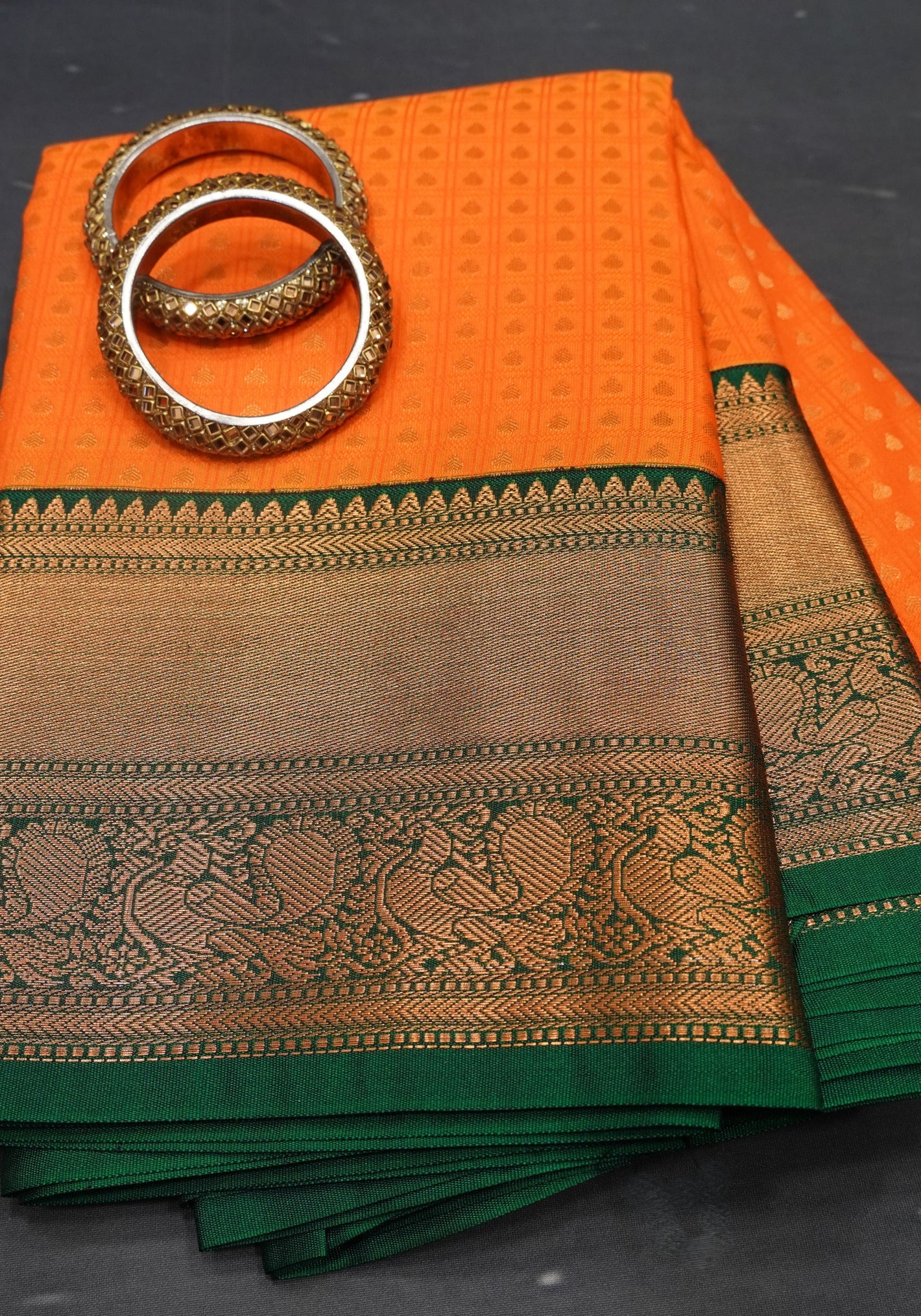 Semi Kanchipuram Silk Saree -Orange With Green 1000 Butta
