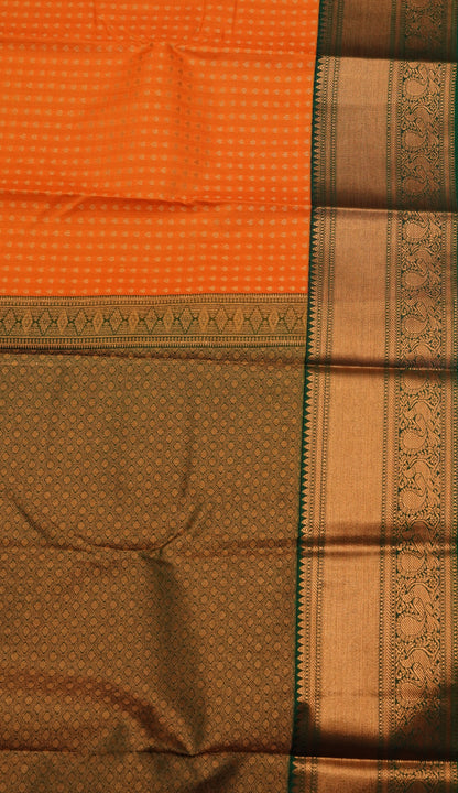 Semi Kanjivaram Silk Saree -Orange With Green 1000 Butta