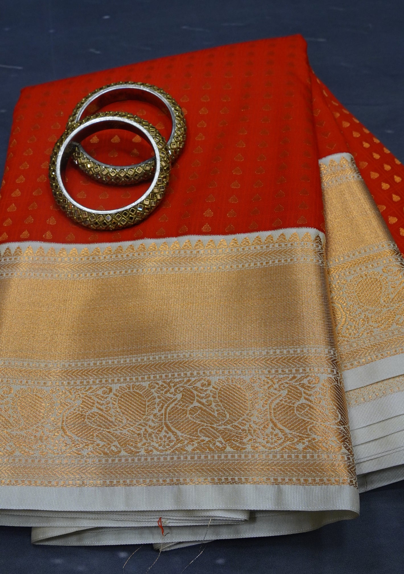 Semi Kanchipuram Silk Saree -Red With Beige 1000 Butta