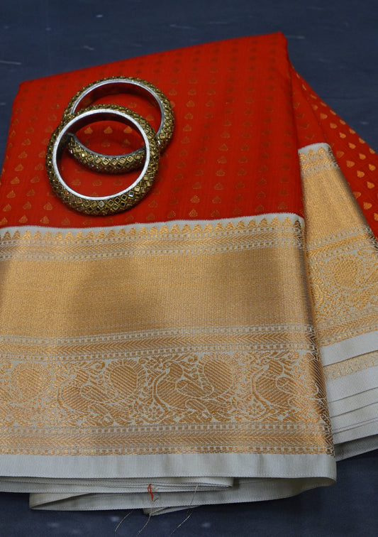 Semi Kanjivaram Silk Saree -Red With Beige 1000 Butta