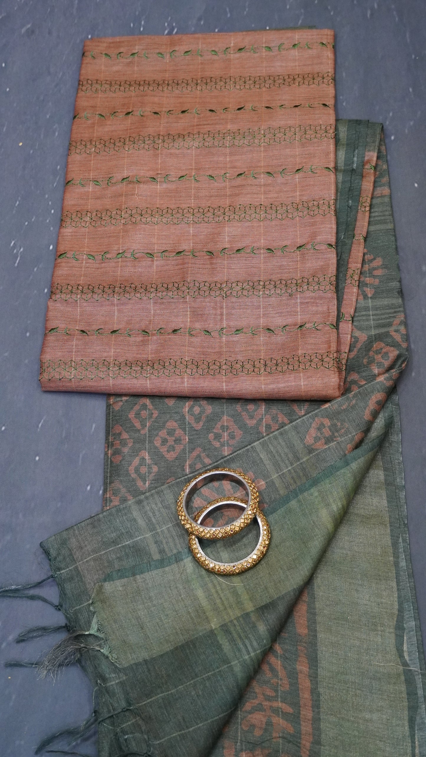 Art Bhagalpur Tussar Saree-Embroidery- Brown