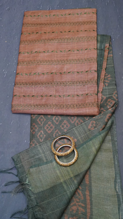 Art Bhagalpur Tussar Saree-Embroidery- Brown