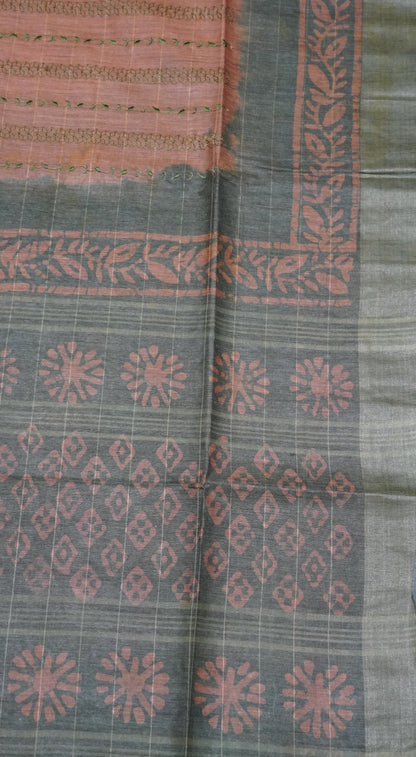 Art Bhagalpur Tussar Saree-Embroidery- Brown