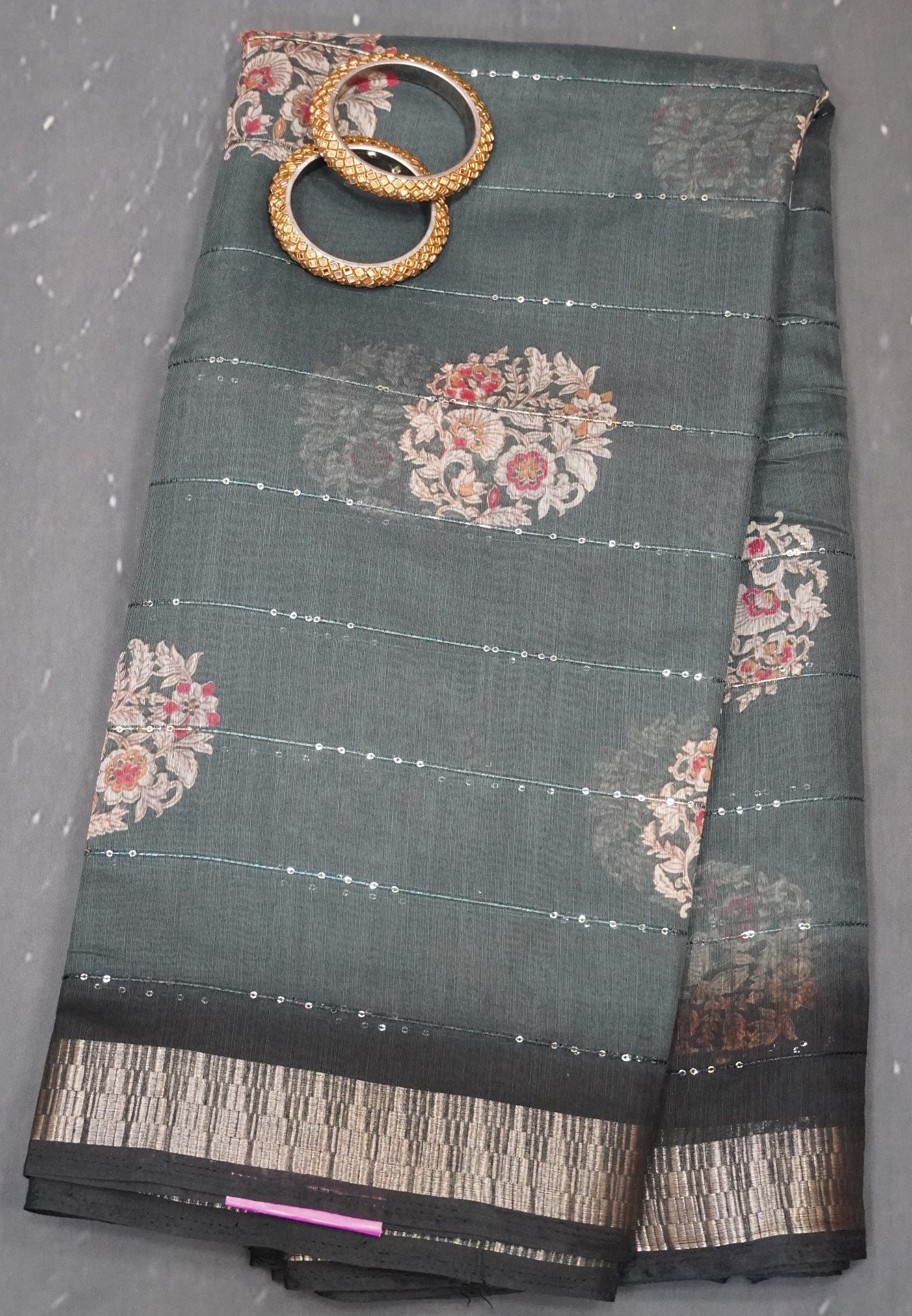 Chanderi Cotton Saree-Floral Sequence-Grey