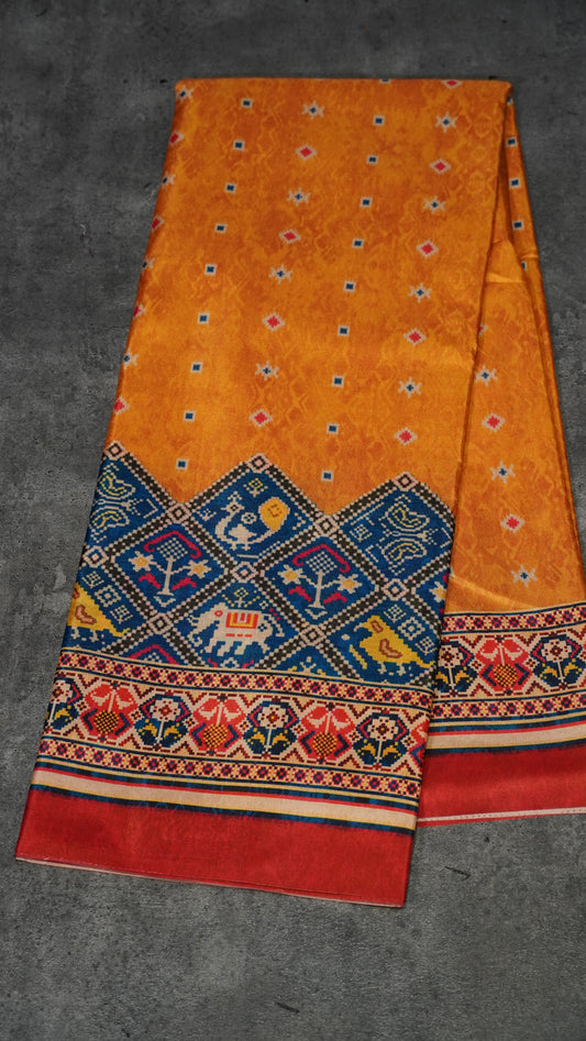 Semi Tussar Saree Printed Mustard to Blue