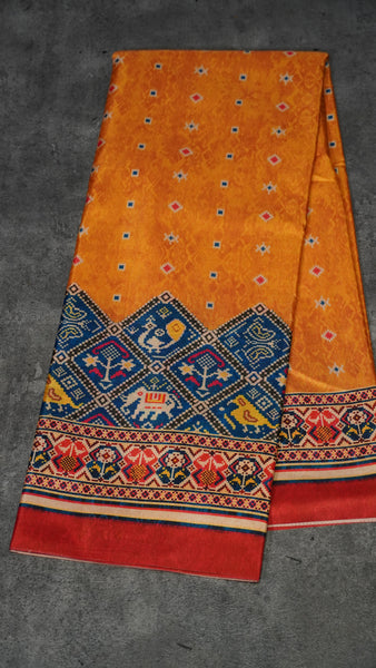 Semi Tussar Saree Printed Mustard to Blue