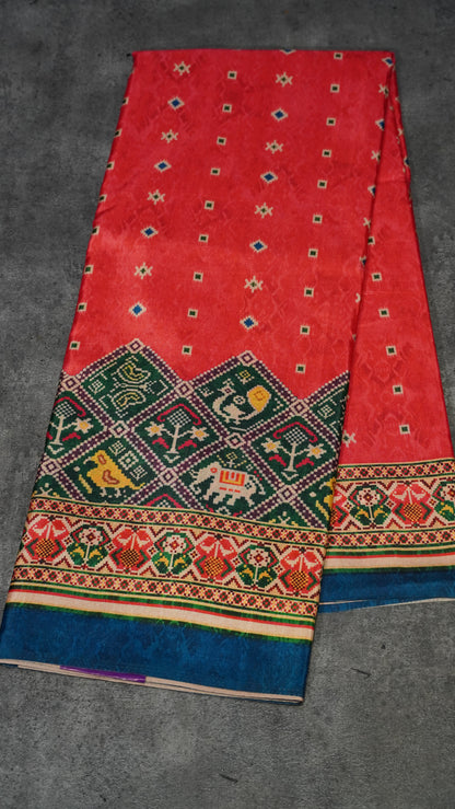 Semi Tussar Saree Printed Peachish Pink to Green