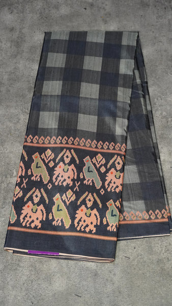 Semi Tussar Saree Checkered Pattern Black to Grey