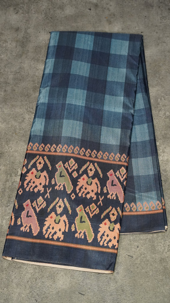 Semi Tussar Saree Checkered Pattern Blue