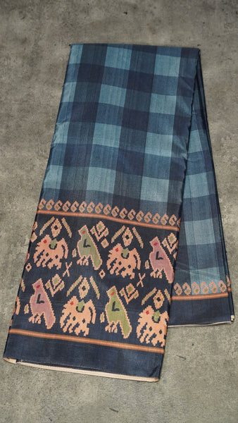 Semi Tussar Saree Checkered Pattern Blue