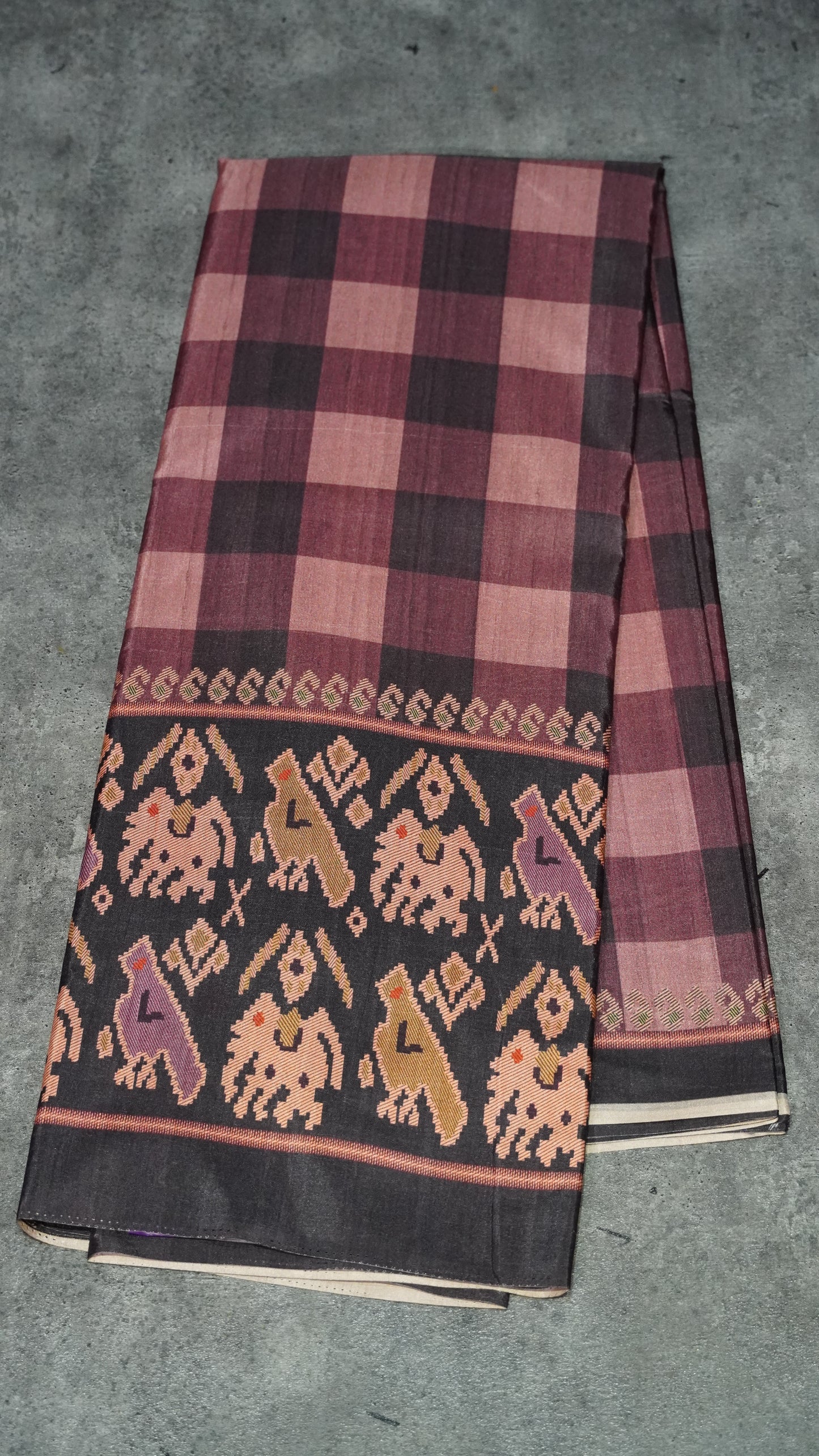 Semi Tussar Saree Checkered Pattern Wine