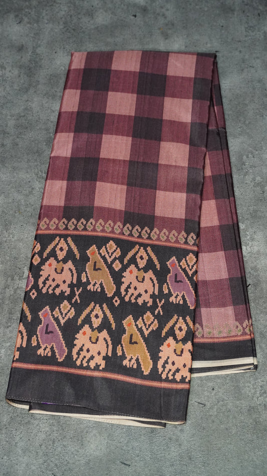 Semi Tussar Saree Checkered Pattern Wine