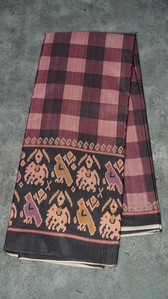 Semi Tussar Saree Checkered Pattern Wine