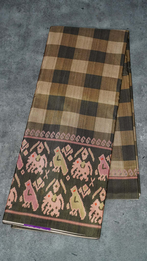 Semi Tussar Saree Checkered Pattern Olive Green