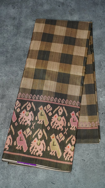 Semi Tussar Saree Checkered Pattern Olive Green