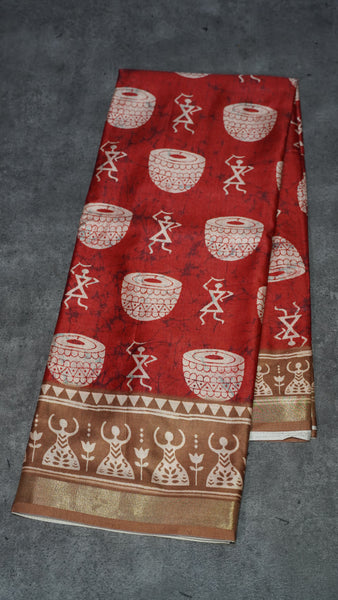 Dola Silk Warli Print Red