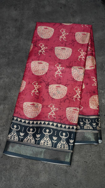 Dola Silk Warli Print Onion Pink