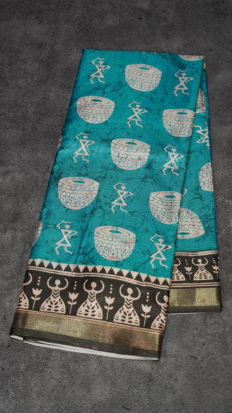 Dola Silk Warli Print Teal Blue