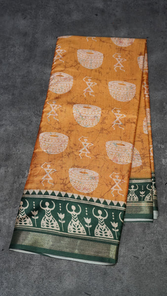 Dola Silk Warli Print Mustard