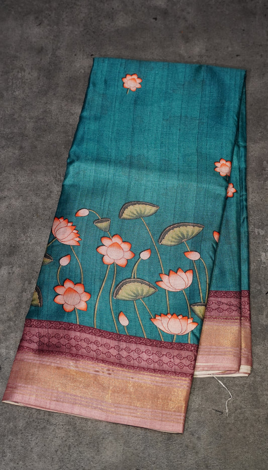 Semi Printed Pichwai Silk Saree Teal Blue to Wine