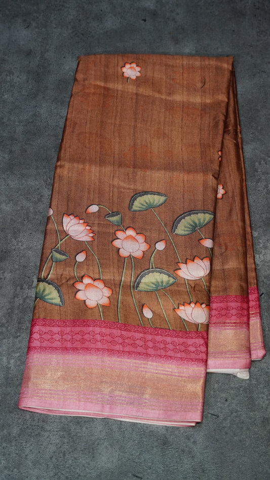 Semi Printed PichwaiSilk Saree Brown to Pink