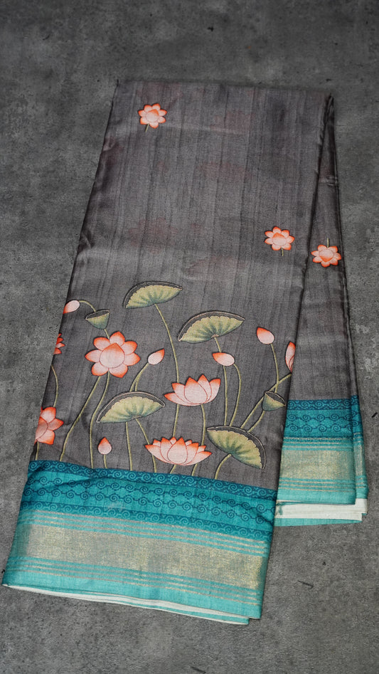 Semi Printed Pichwai Silk Saree Grey to Teal Blue