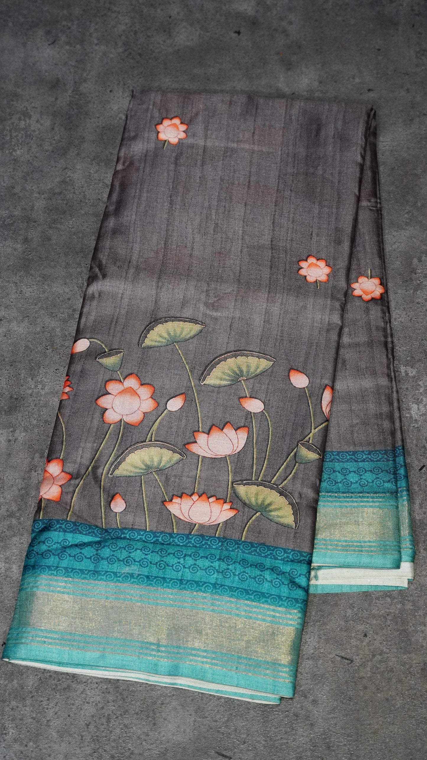 Semi Printed Pichwai Silk Saree Grey to Teal Blue