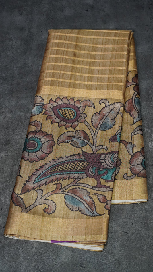 Semi Printed Kalamkari Silk Saree Mustard
