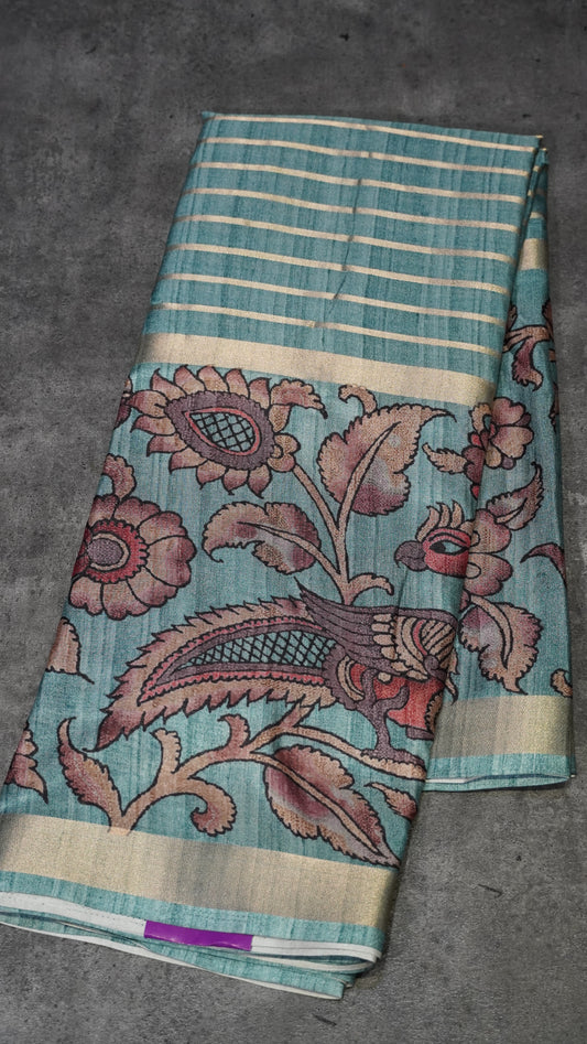 Semi Printed Kalamkari Silk Saree Green