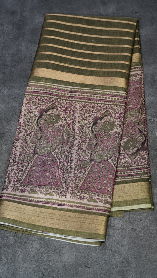 Semi Printed Pichwai Silk Saree Olive Green