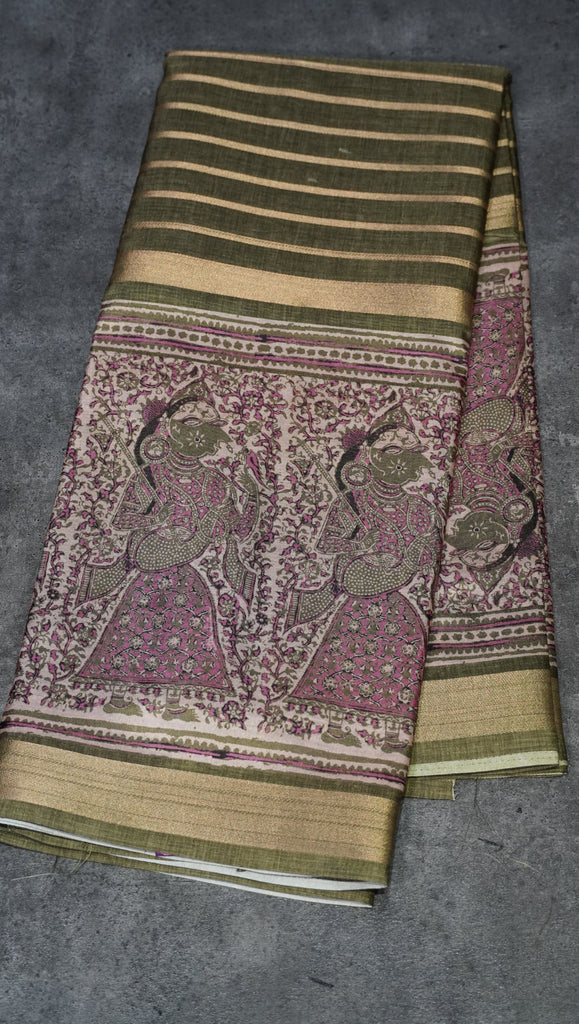 Semi Printed Pichwai Silk Saree Olive Green