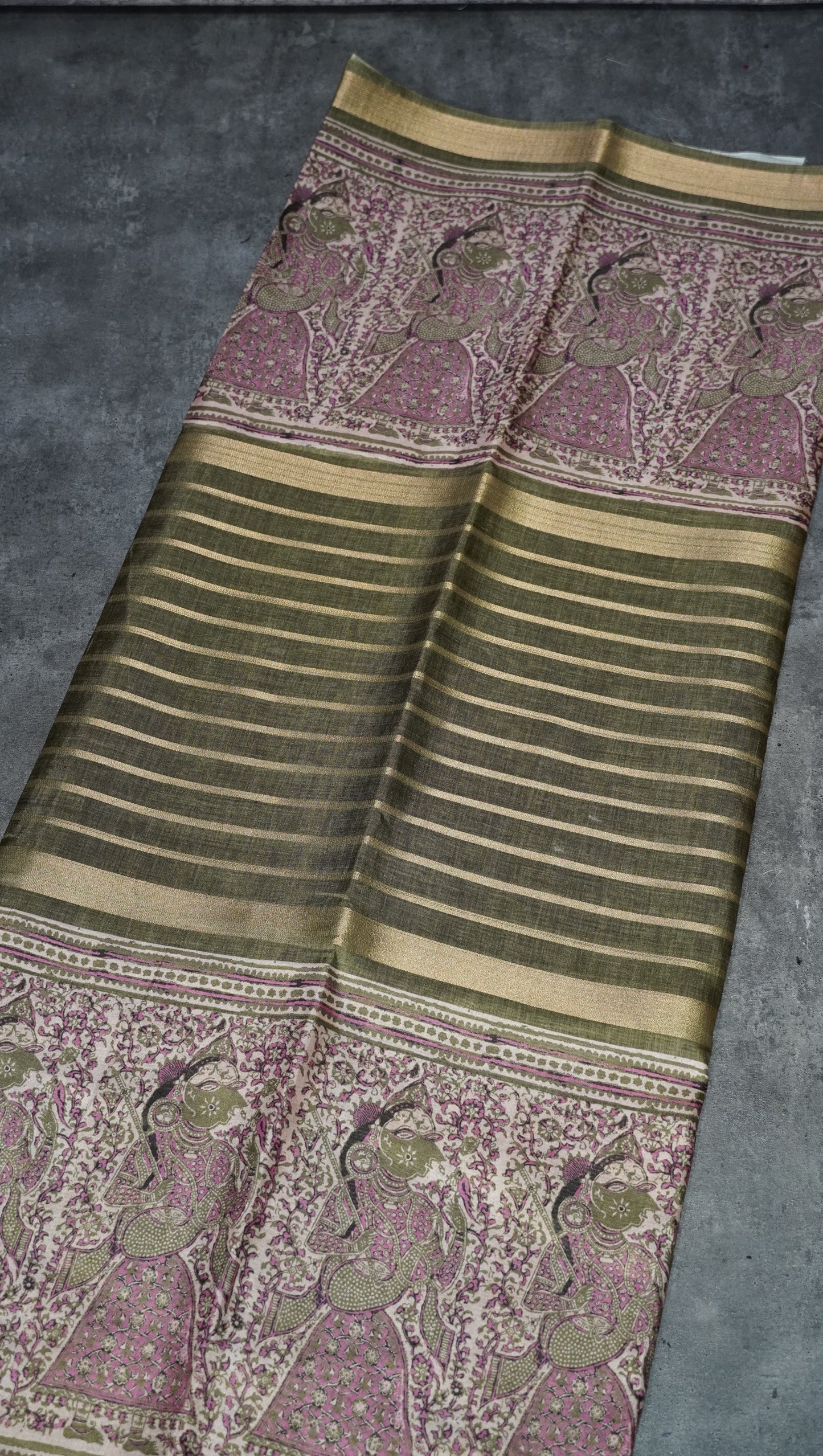 Semi Printed Pichwai Silk Saree Olive Green