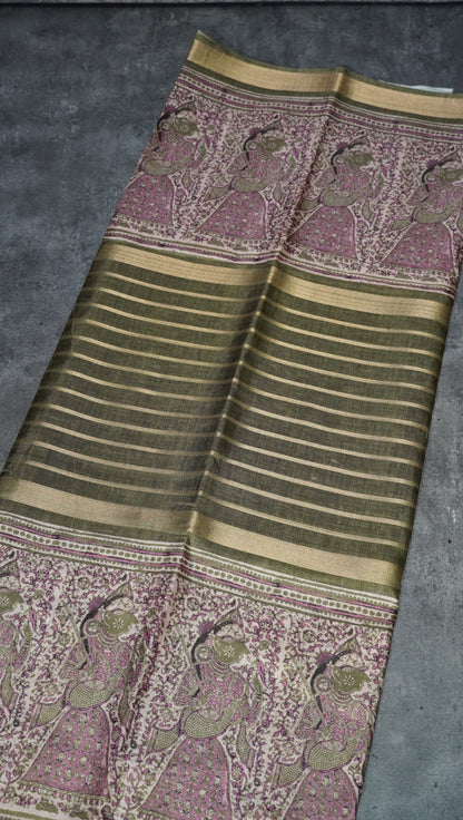 Semi Printed Pichwai Silk Saree Olive Green