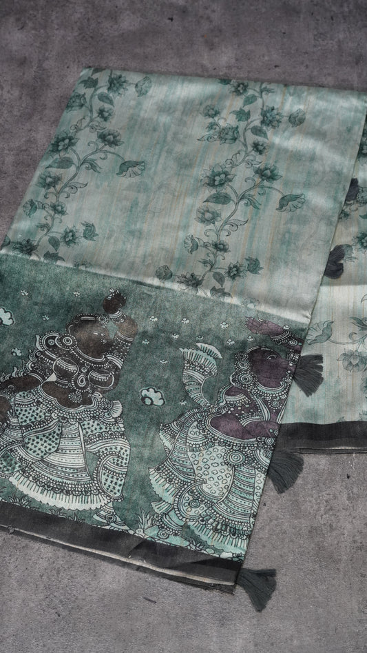 Semi Tussar Saree Kalamkari With Floral Pattern Green