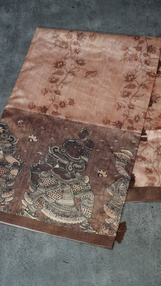Semi Tussar Saree Kalamkari With Floral Pattern Brown