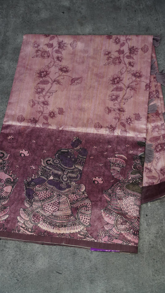 Semi Tussar Saree Kalamkari With Floral Pattern Pruple