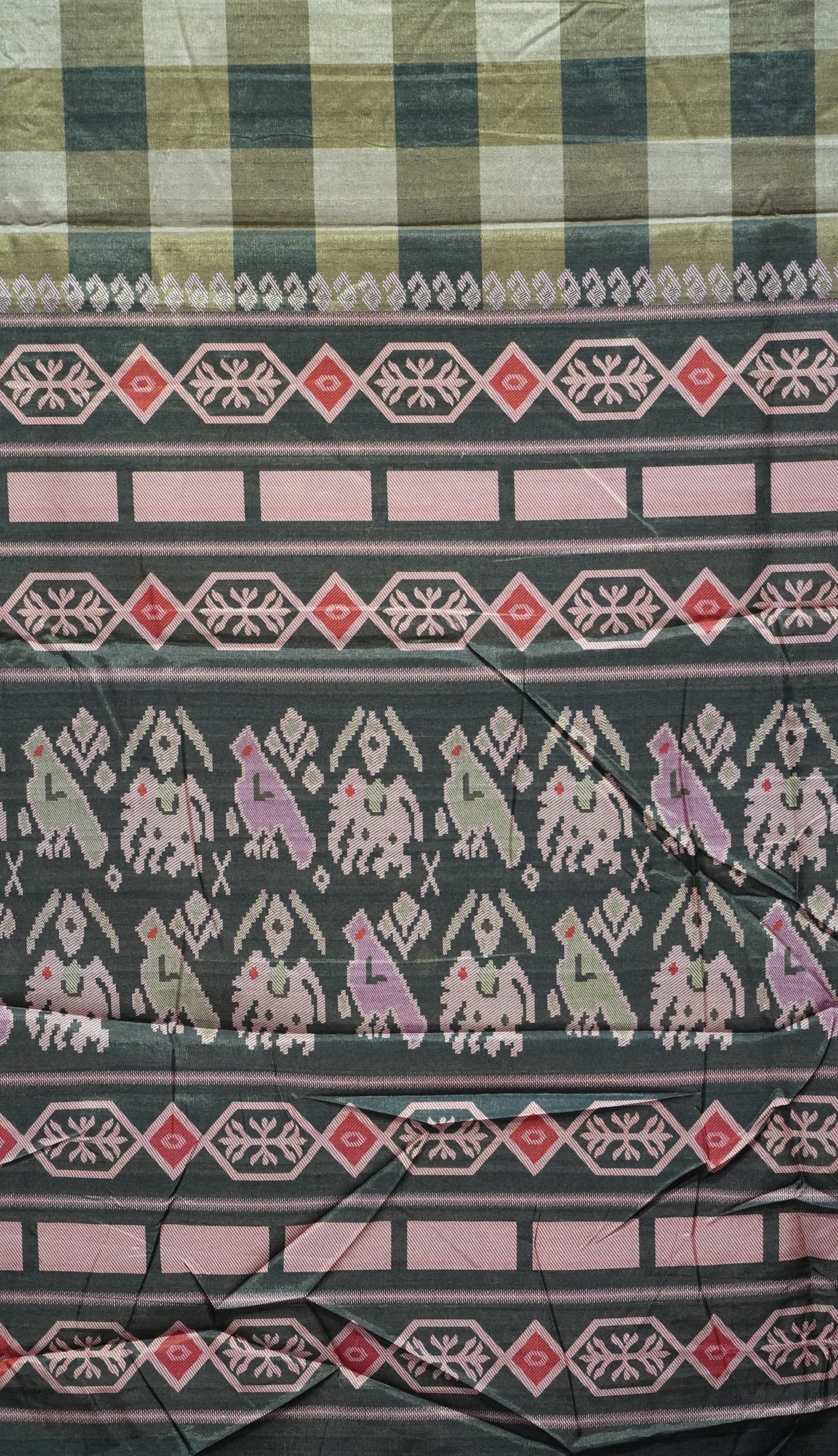 Semi Tussar Saree Checkered Pattern Olive Green