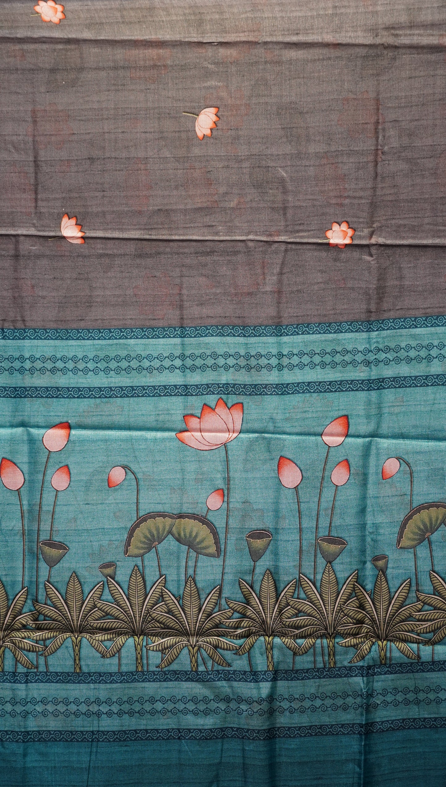 Semi Printed Pichwai Silk Saree Grey to Teal Blue